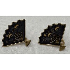 Vintage Amita Japan Damascene Fan Floral Black Gold Screw Back Earrings